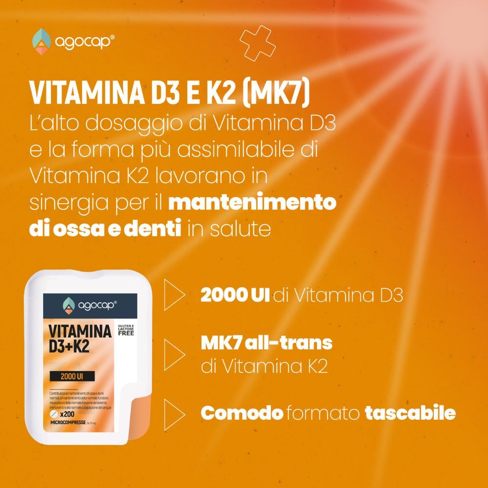 Confezione di Vitamina D3+K2 e testo: 2000 UI di Vitamina D3, MK7 all-trans di Vitamina K2, Comodo formato tascabile.