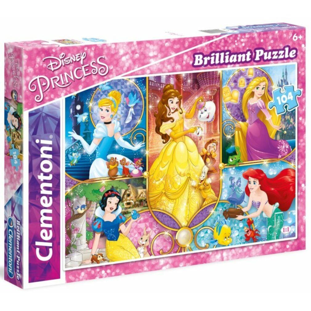 Puzzle Clementoni Principesse Disney, 104 pezzi. Confezione con Cenerentola, Belle, Rapunzel, Biancaneve e Ariel.