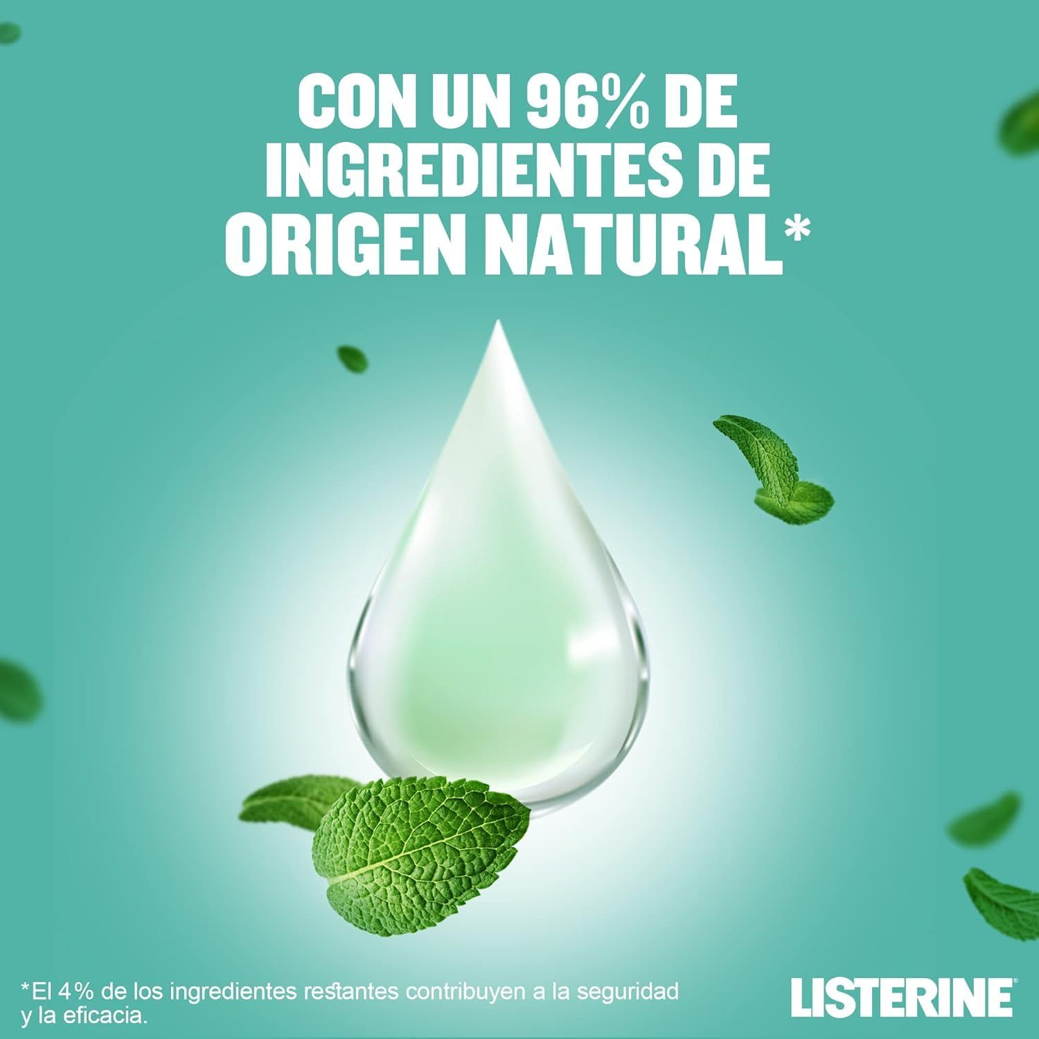 Goccia con foglie di menta. Testo: Con il 96% di ingredienti di origine naturale. Logo Listerine.
