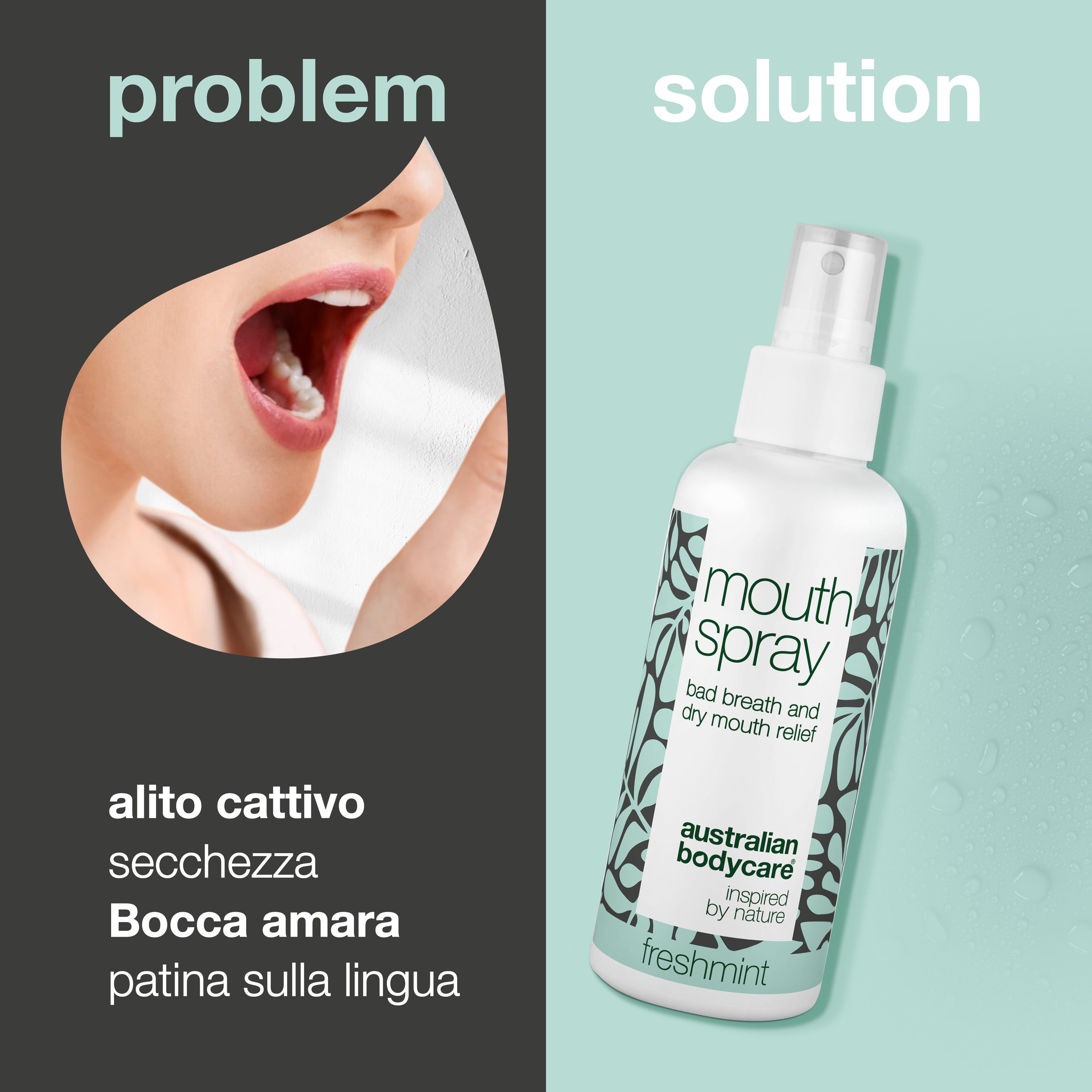 Flacone spray per la bocca accanto a un grafico. Testo: alito cattivo, secchezza, bocca amara, patina sulla lingua.