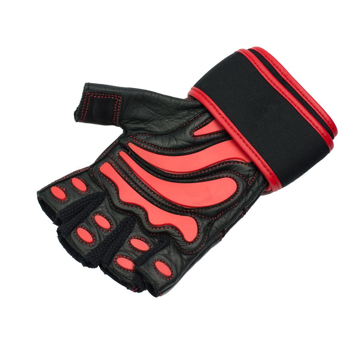Un guanto da fitness in pelle nera con imbottitura rossa e chiusura in velcro. Marchio GymBeam.
