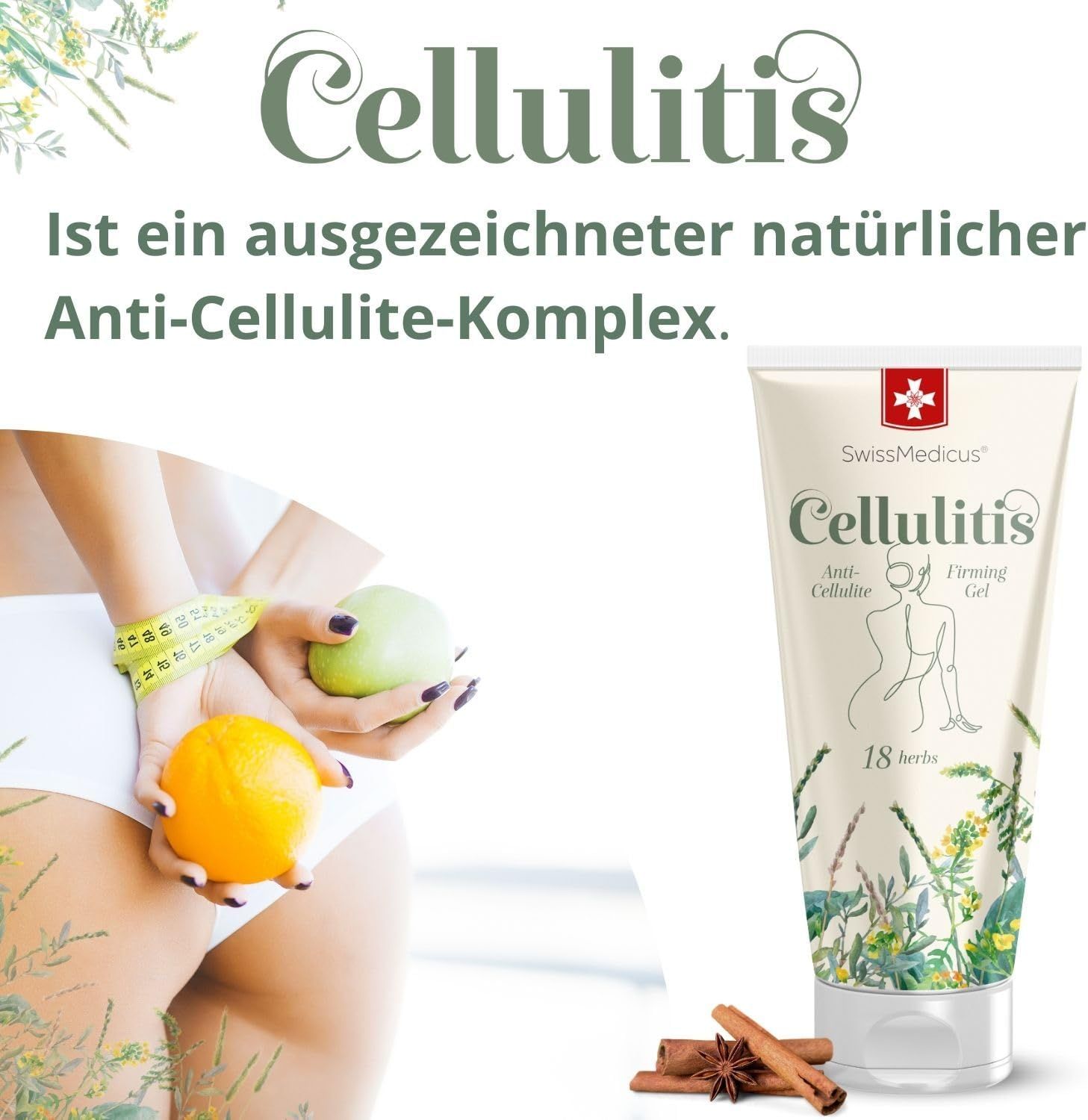Tubo di crema SwissMedicus Cellulitis. Donna con mela e arancia. Testo: Ottimo complesso anticellulite naturale.