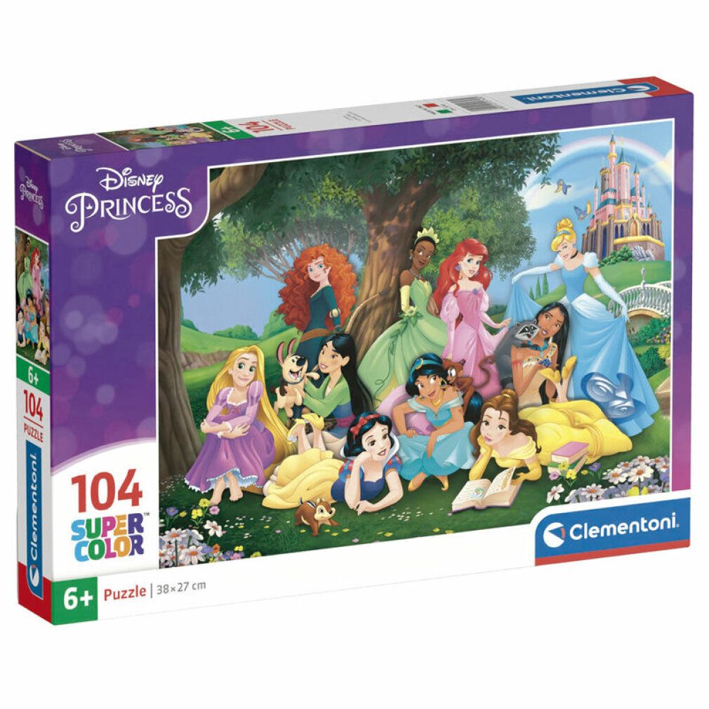 Puzzle Clementoni Disney Princess. Confezione con motivo puzzle. 104 pezzi, 38x27 cm. Consigliato 6+.