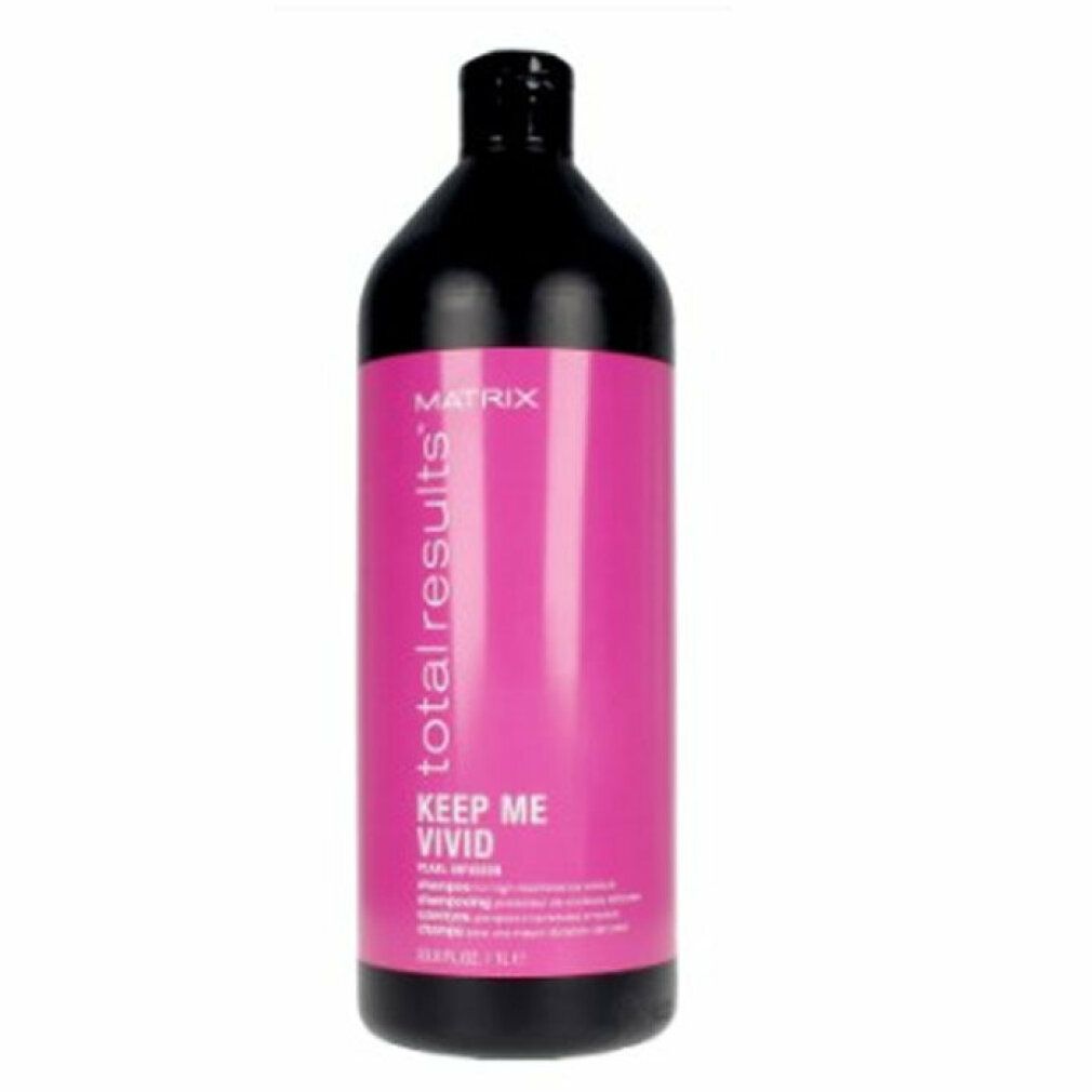 Flacone nero con etichetta rosa. Scritta: Matrix Total Results Keep Me Vivid Shampoo.
