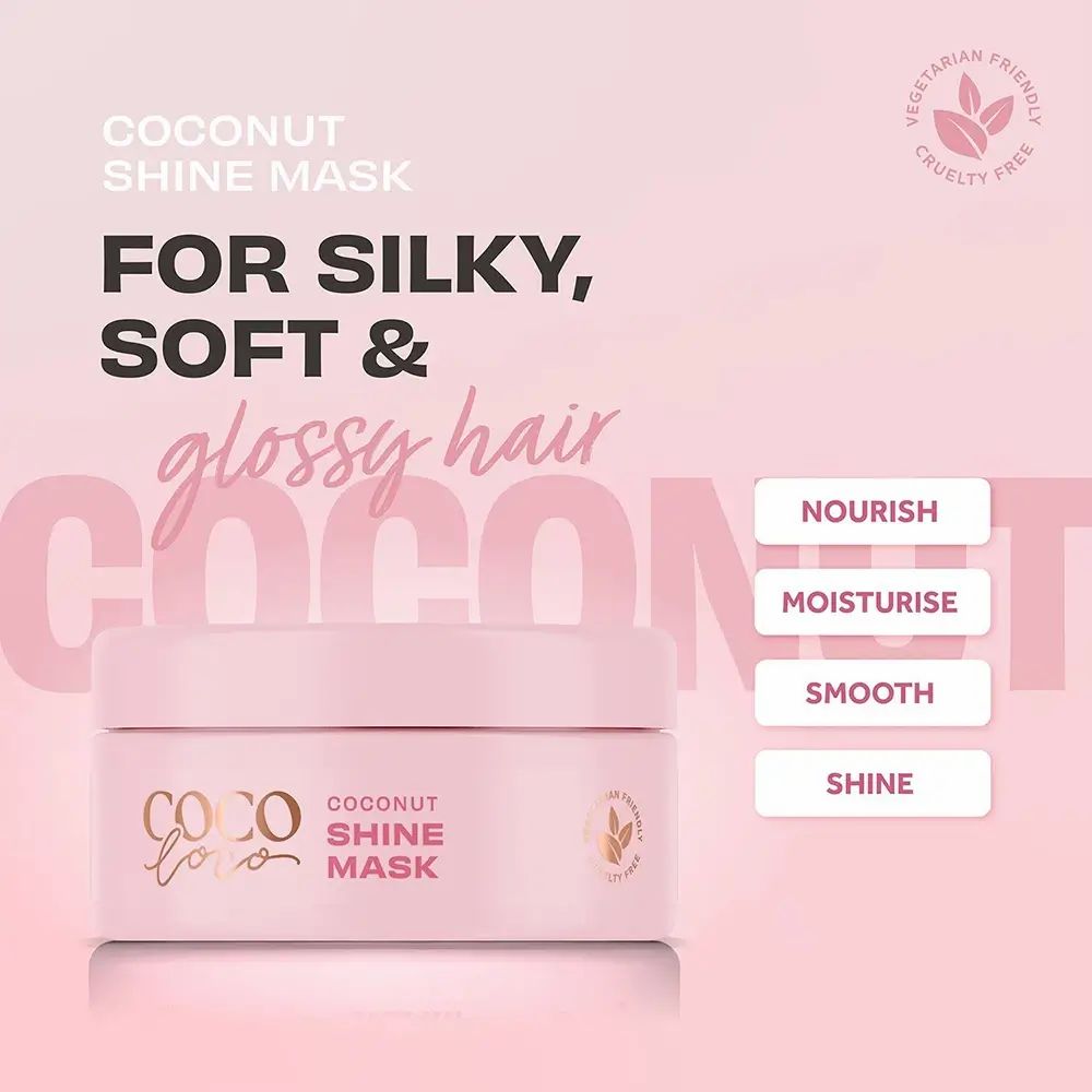 Barattolo rosa Coco Loco Shine Mask. Testo: Per capelli setosi, morbidi e lucenti. Loghi: Vegano, cruelty free. Parole chiave: Nutrire, idratare, lisciare, brillare.