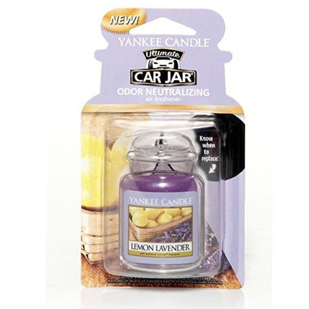 Yankee Candle Car Jar, profumo Lemon Lavender. Vasetto viola in confezione. Testo "NEW" e "Odor Neutralizing".