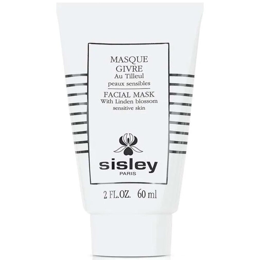 Tubo bianco con testo nero. Contiene Sisley Masque Givre au Tilleul. Testo: Facial Mask with Linden blossom sensitive skin. 2 FL.OZ. 60 ml.