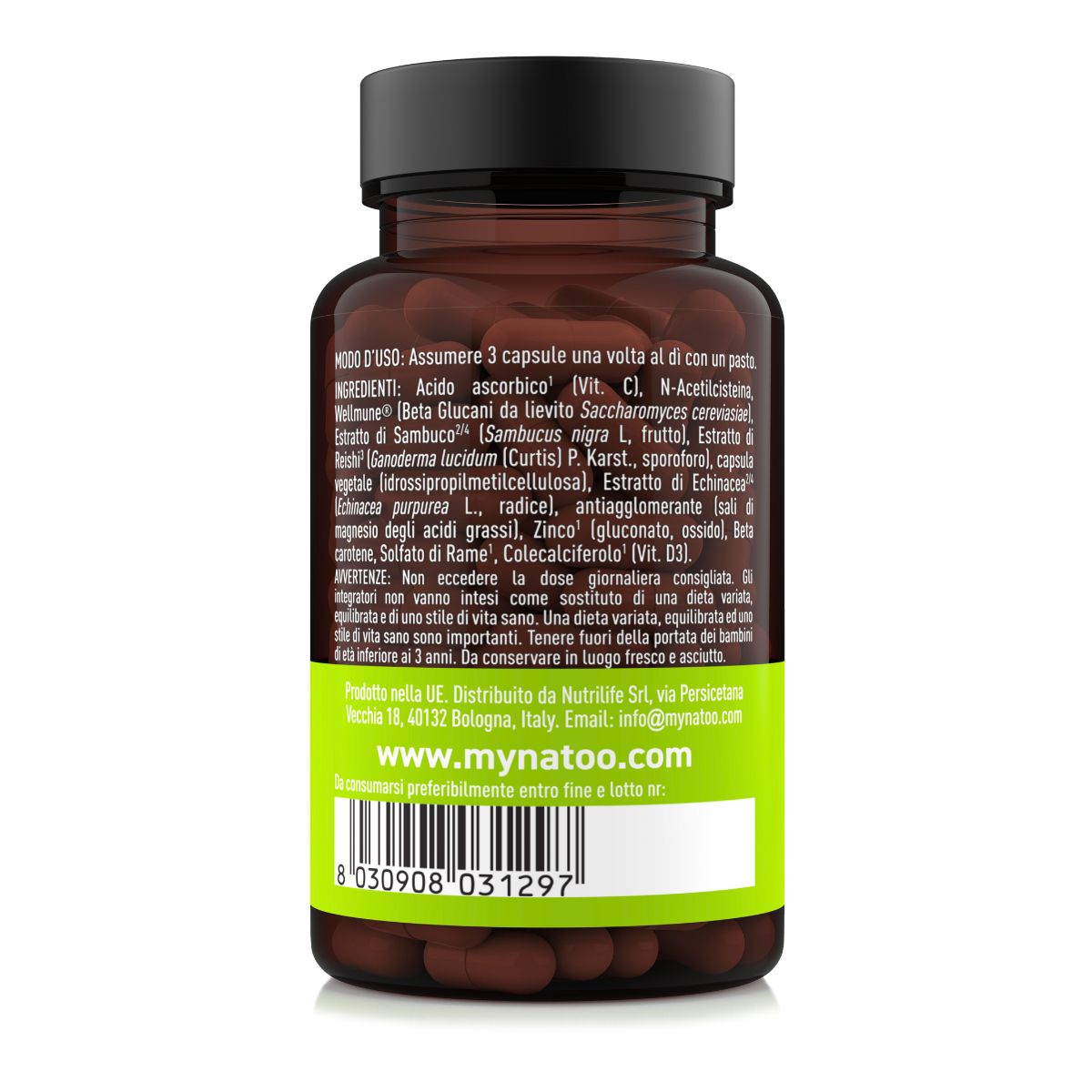 Flacone marrone con capsule. Etichetta con ingredienti, istruzioni per l'uso e avvertenze. Testo in italiano.