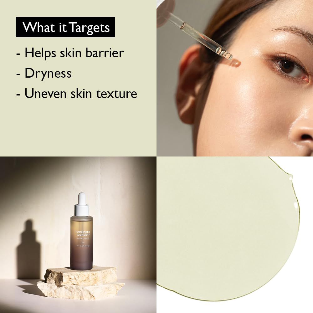 Immagine che mostra una donna che applica olio sul viso e un flacone. Testo: Aiuta la barriera cutanea, secchezza, texture irregolare.