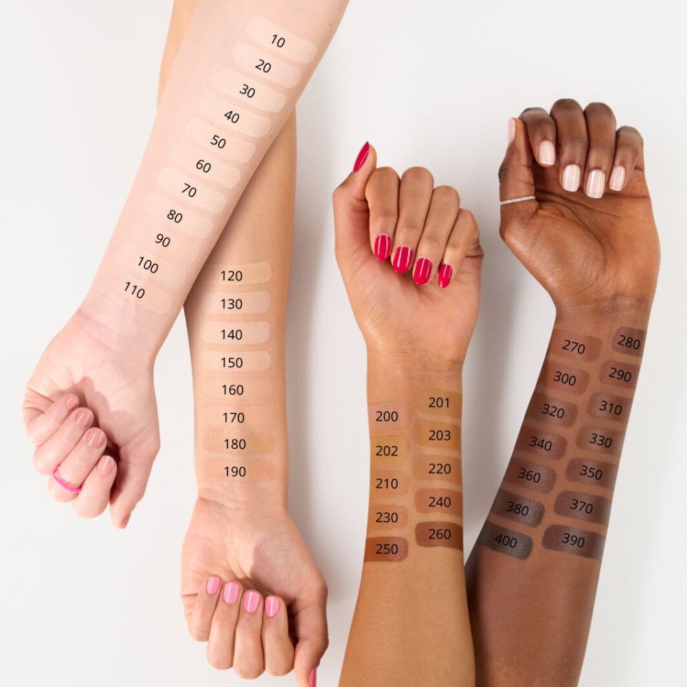 Braccia con tonalità di fondotinta. Diverse tonalità di pelle. Scritta: numeri di tonalità.