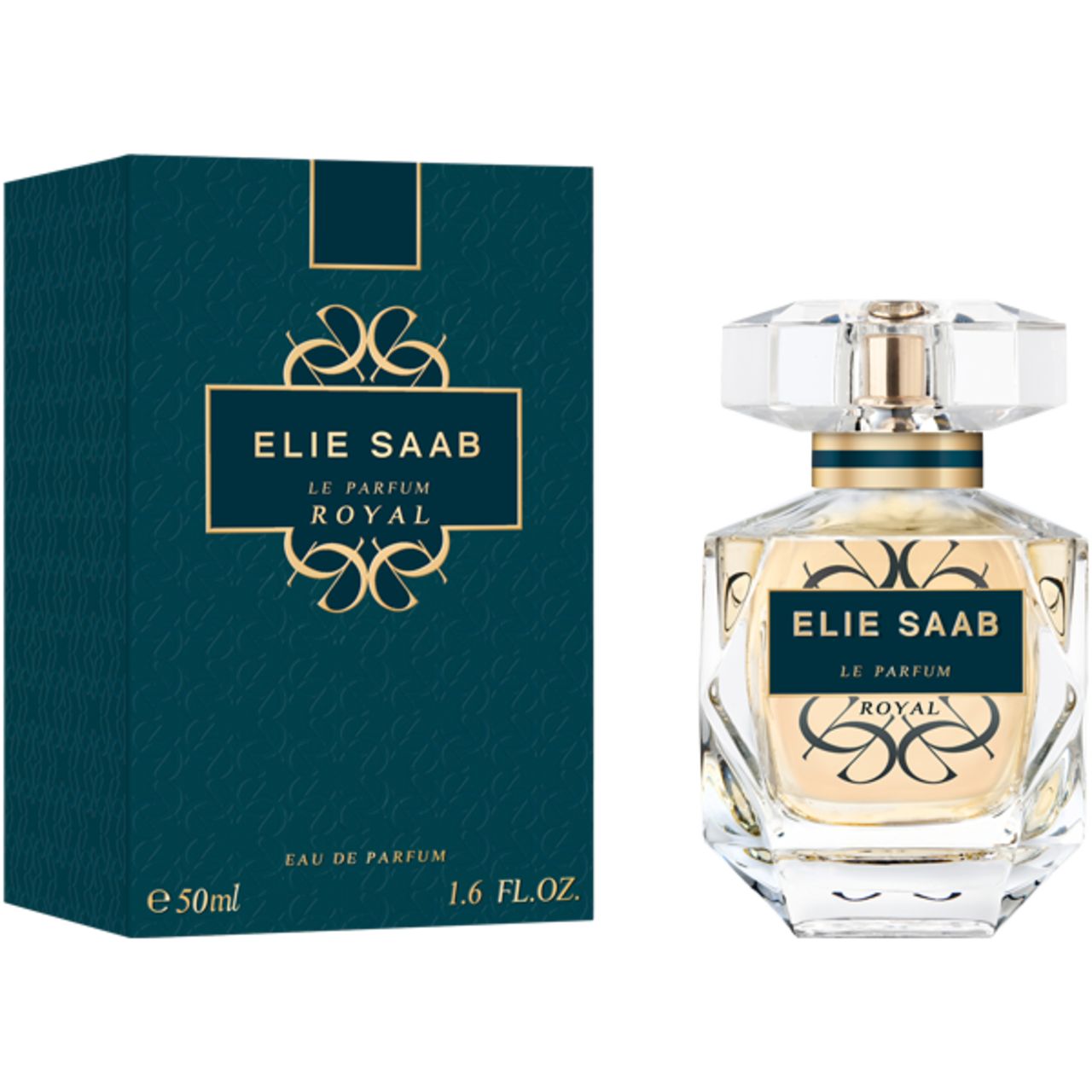 Flacone di profumo e scatola. Flacone quadrato, liquido dorato. Scatola blu con scritta: Elie Saab, Le Parfum Royal.