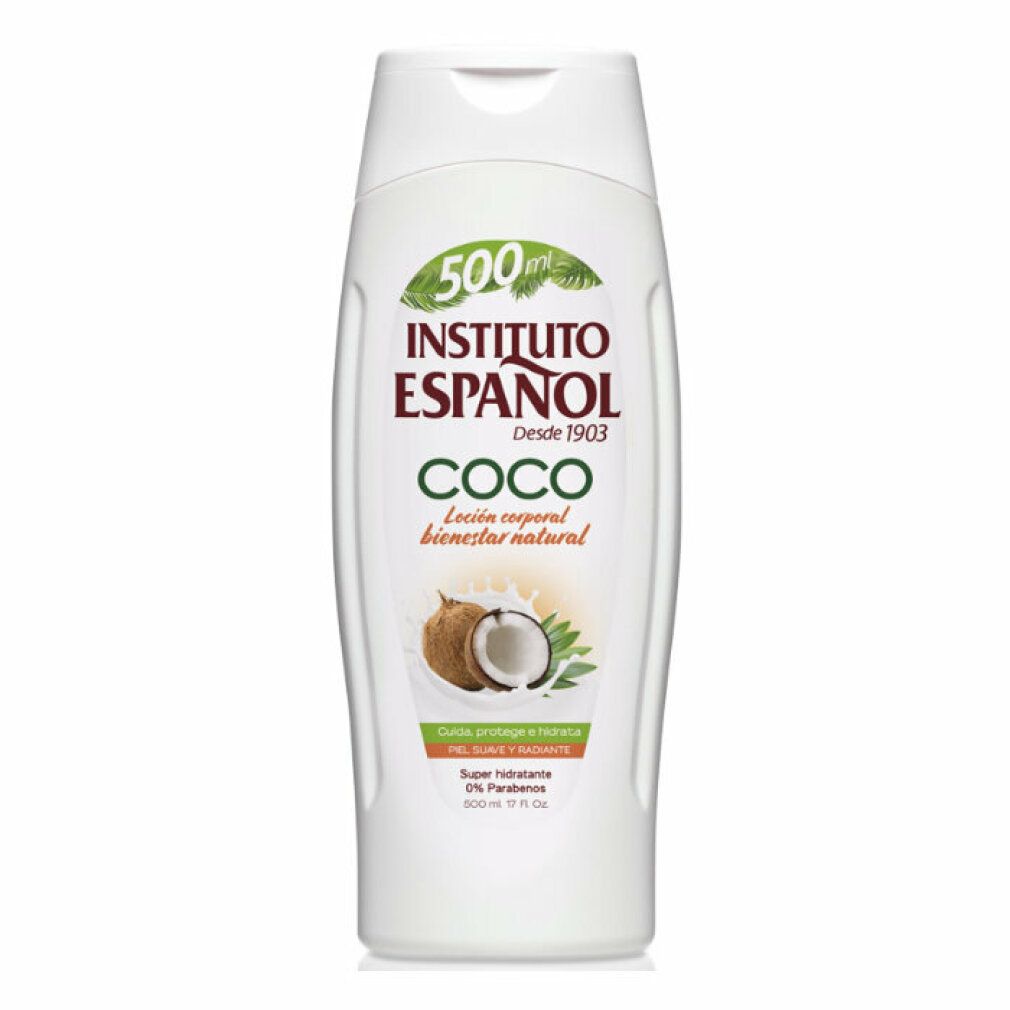 Flacone bianco INSTITUTO ESPAÑOL COCO. Illustrazione cocco. Testo: Loción corporal bienestar natural. 500 ml.