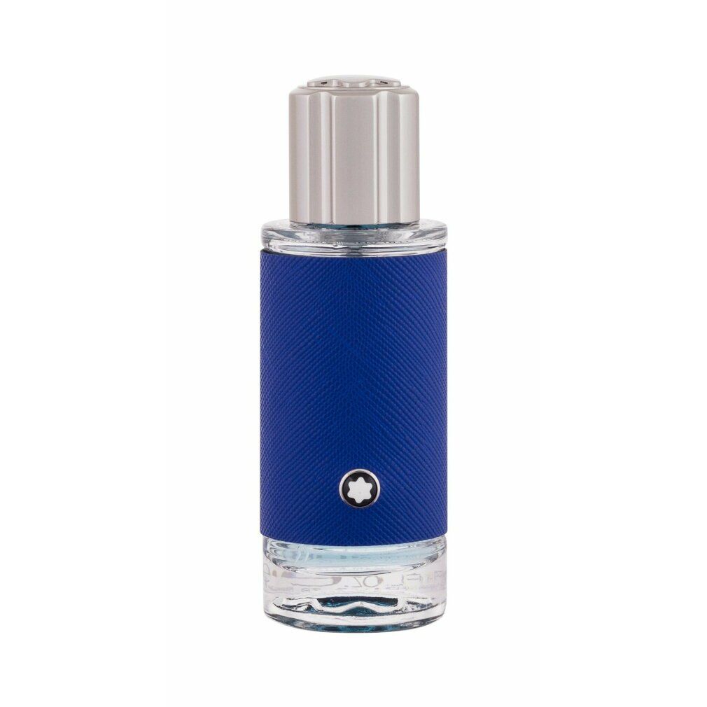 Flacone blu con tappo argentato. Logo Montblanc. Texture blu sul flacone. Base in vetro.
