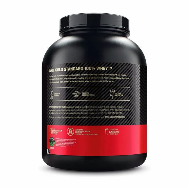 Retro di un contenitore nero con informazioni su "Why Gold Standard 100% Whey?" e icone.