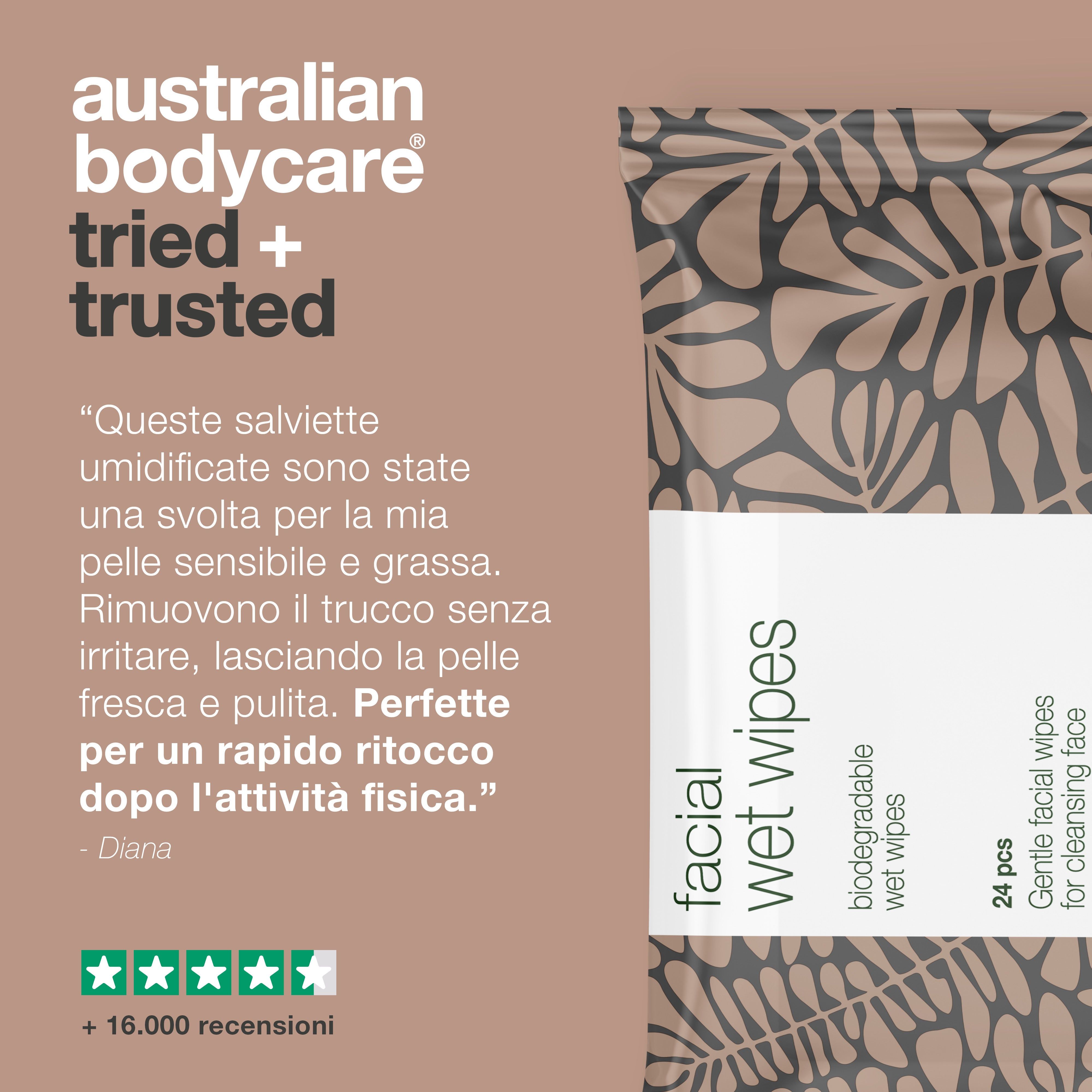 Confezione salviettine. Testo: Australian Bodycare, Facial Wet Wipes, 24 pezzi. Citazione e valutazione 5 stelle.