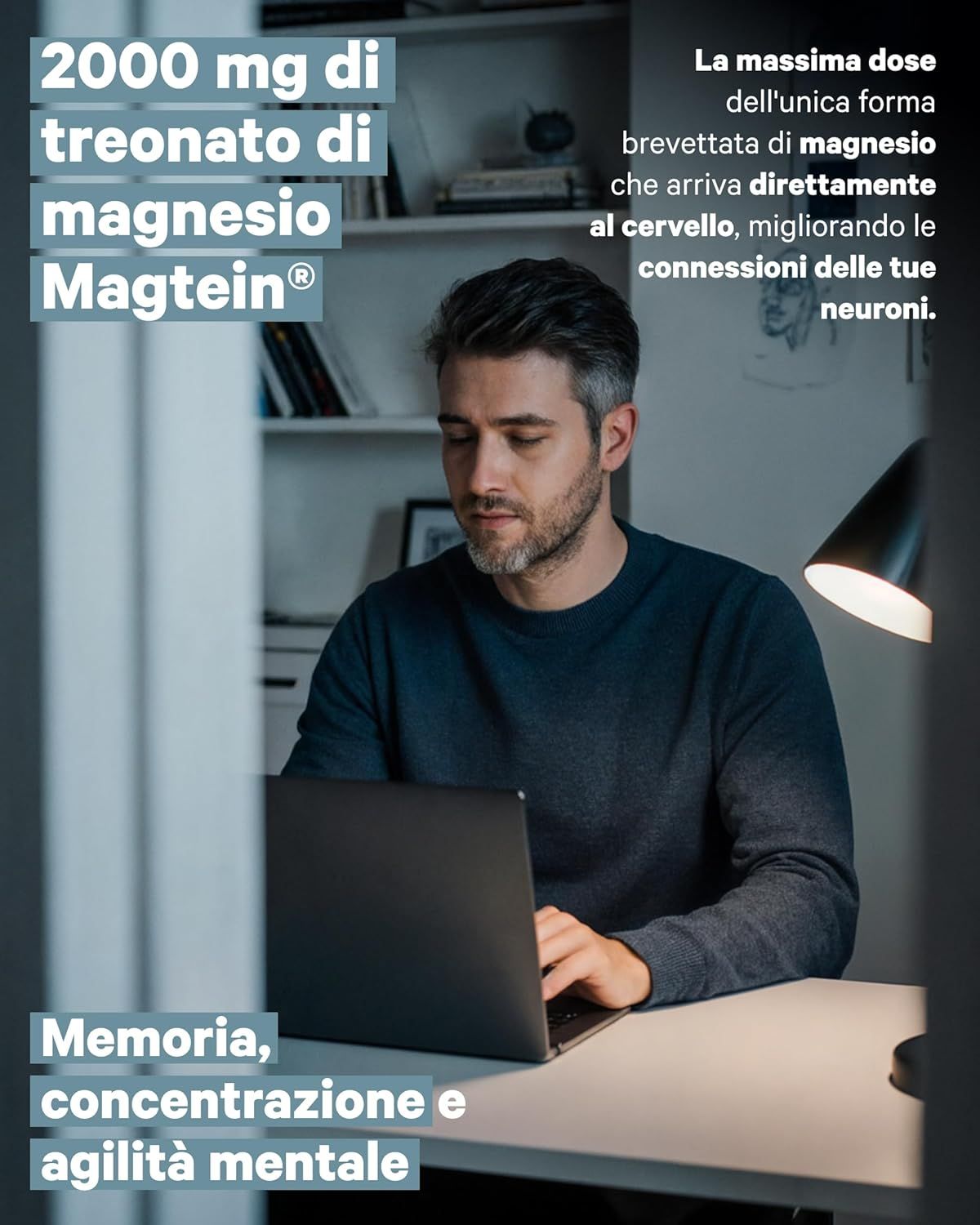 Uomo lavora al computer portatile, testo su 2000 mg di Magnesio-Treonato Magtein per memoria e concentrazione.