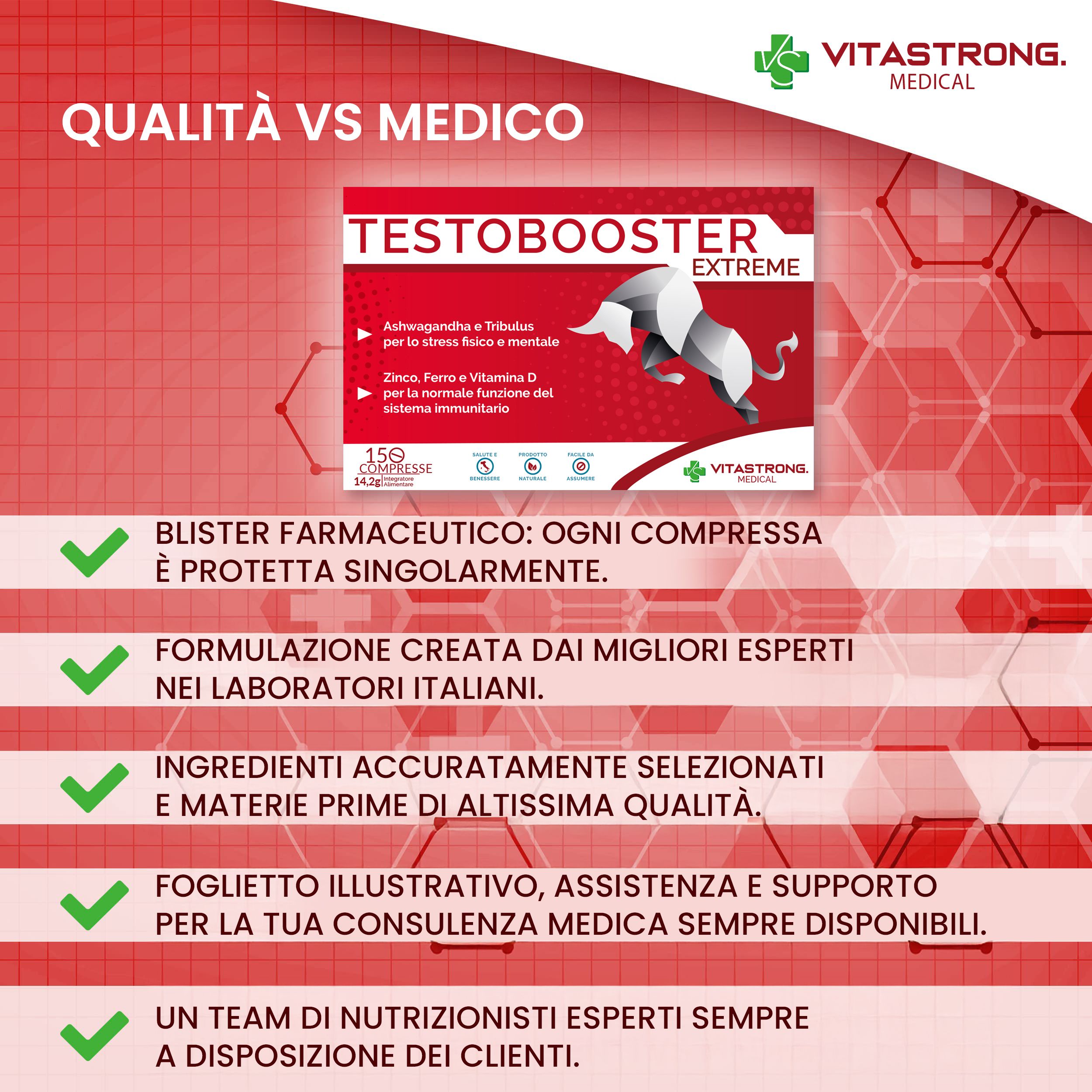 Scatola Testobooster Extreme. 15 compresse. Logo VS Medical. Su sfondo rosso.