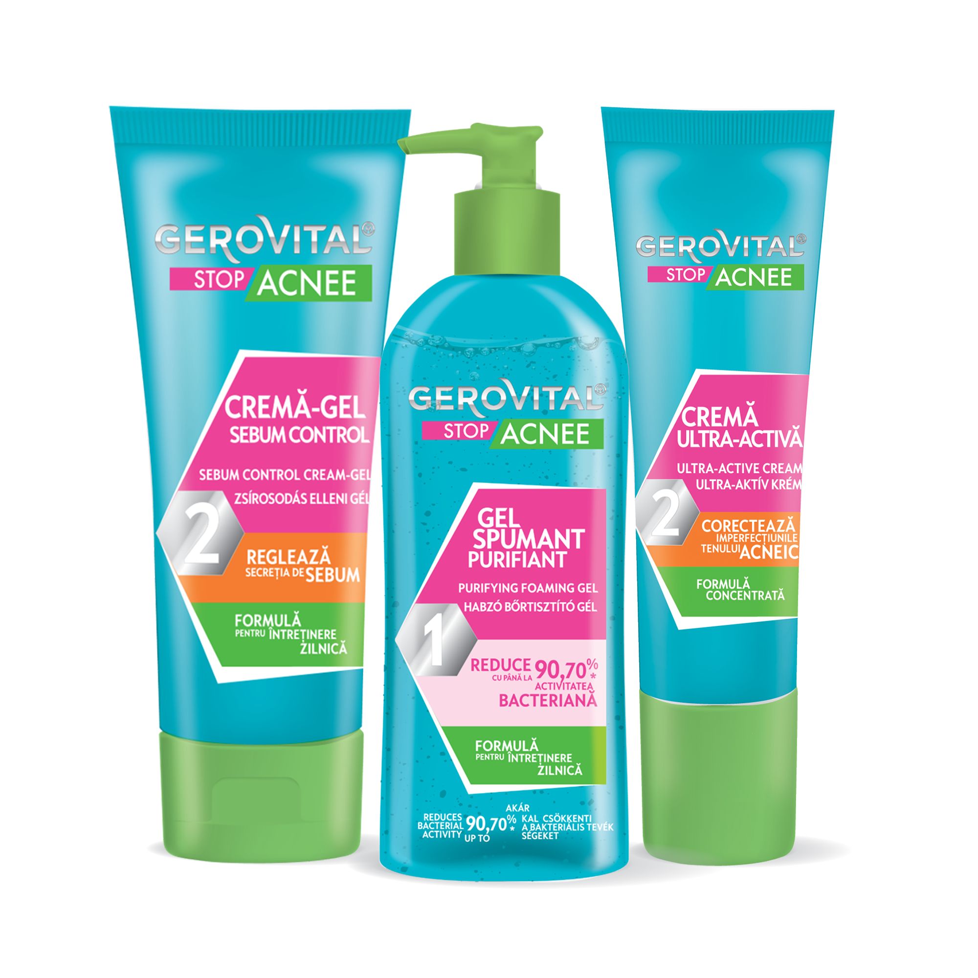 Tre prodotti Gerovital Stop Acnee: gel detergente, crema-gel e crema ultra-attiva. Tubi e flacone blu con dettagli verdi.