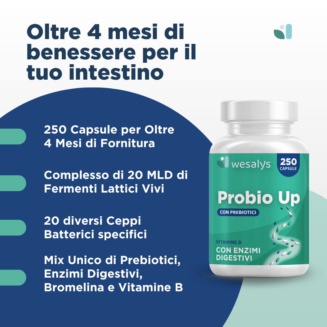 Flacone Probio Up. Testo: Oltre 4 mesi di benessere intestinale. 250 capsule, batteri vivi, prebiotici.