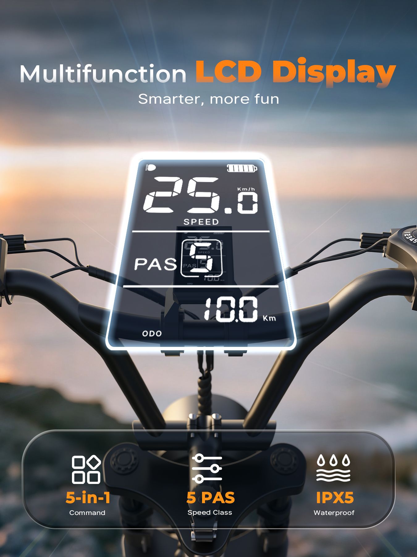 Display LCD multifunzione digitale. Testo: 25,0 km/h, PAS, 10,0 km, 5-in-1 Command, 5 PAS Speed Class, IPX5 Waterproof.