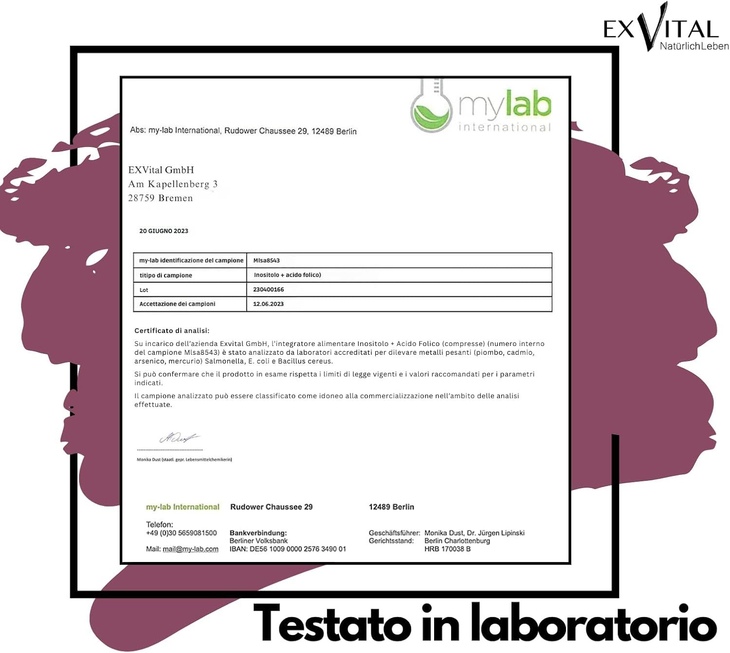 Flacone EXVital Inositolo + Acido Folico, 180 compresse. Testo: Inositolo combinato con acido folico, 180 compresse per confezione, Vegano.