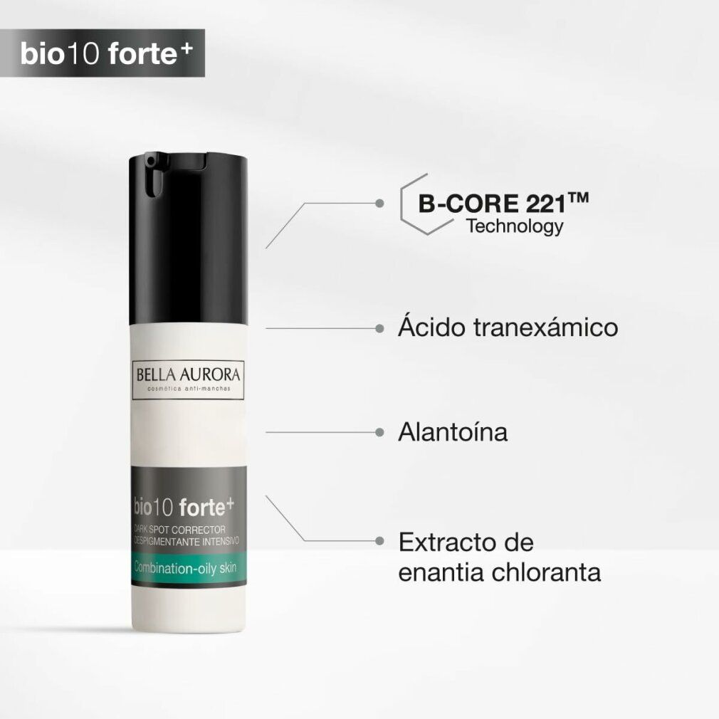 Flacone di crema con tappo nero. Scritta: Bella Aurora, bio10 forte+. Testo: Tecnologia B-CORE 221.