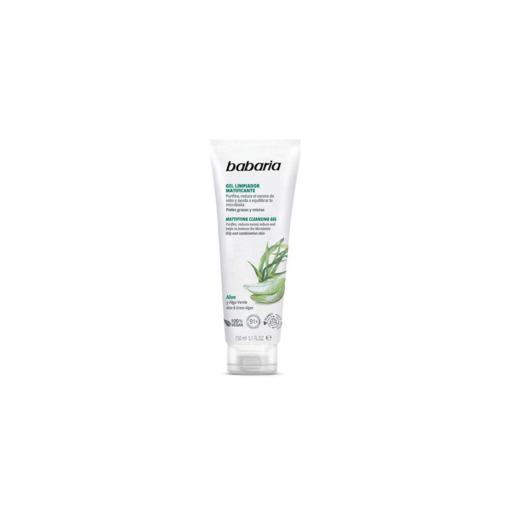 Tubo di gel detergente viso opacizzante Babaria all'Aloe Vera, con motivo di aloe e alghe verdi.