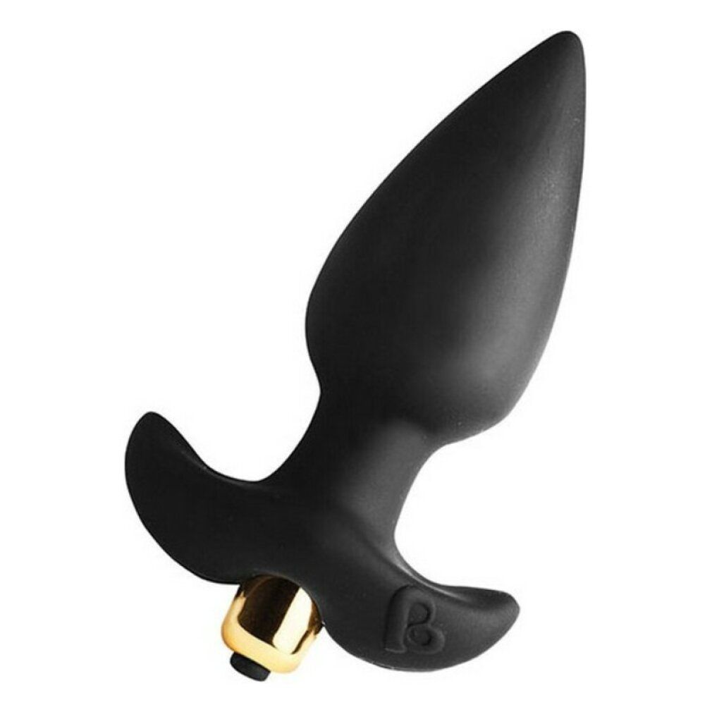 Plug anale nero con testa a goccia e base dorata. Impugnatura con logo.