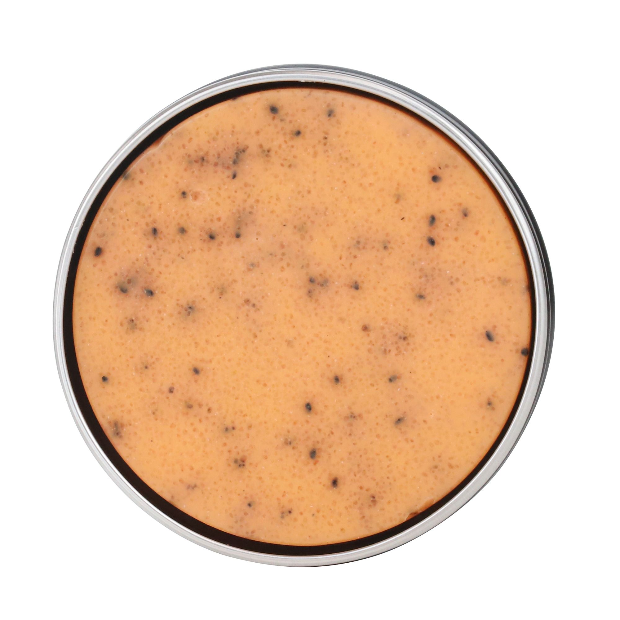 Scrub corpo alla fragola in barattolo rotondo. Scrub arancione con punti neri. Bordo argentato.