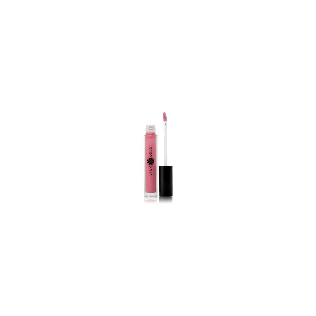 Tubo di lucidalabbra rosa con applicatore. Tappo nero, tubo trasparente. Marchio Lily Lolo.