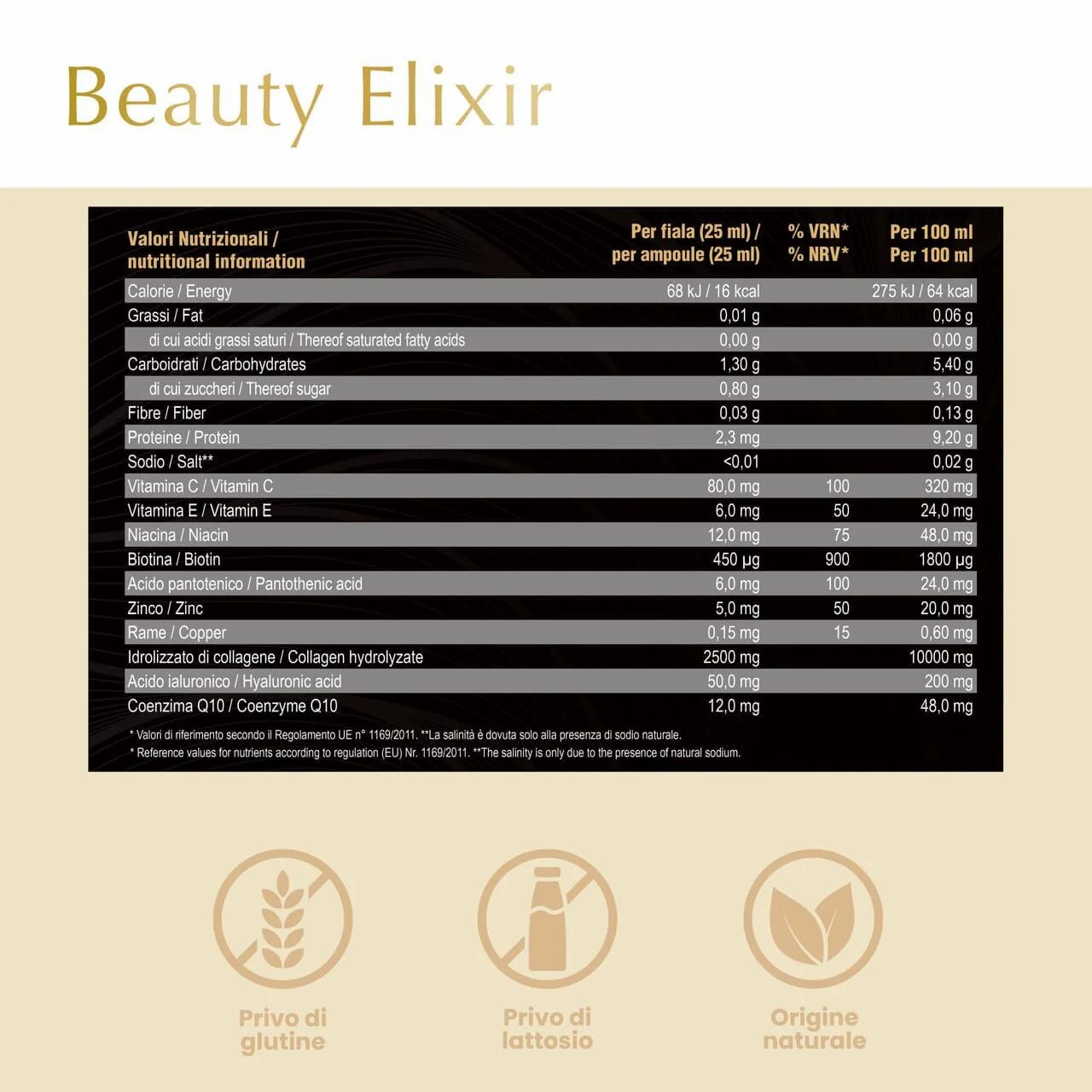 Tabella nutrizionale per « Beauty Elixir ». Informazioni per porzione e per 100 ml.