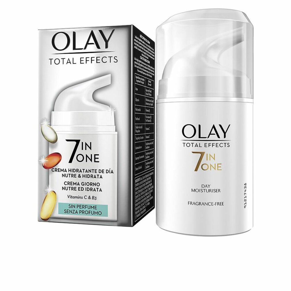 Flacone bianco con erogatore bianco e scatola. Scritta: Olay Total Effects 7 in One, Day Moisturiser, senza profumo.