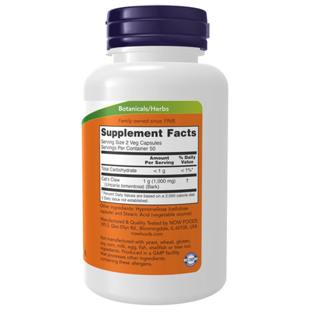 Flacone di integratore, etichetta "Supplement Facts" per Uncaria tomentosa, 1g per porzione, 50 porzioni.