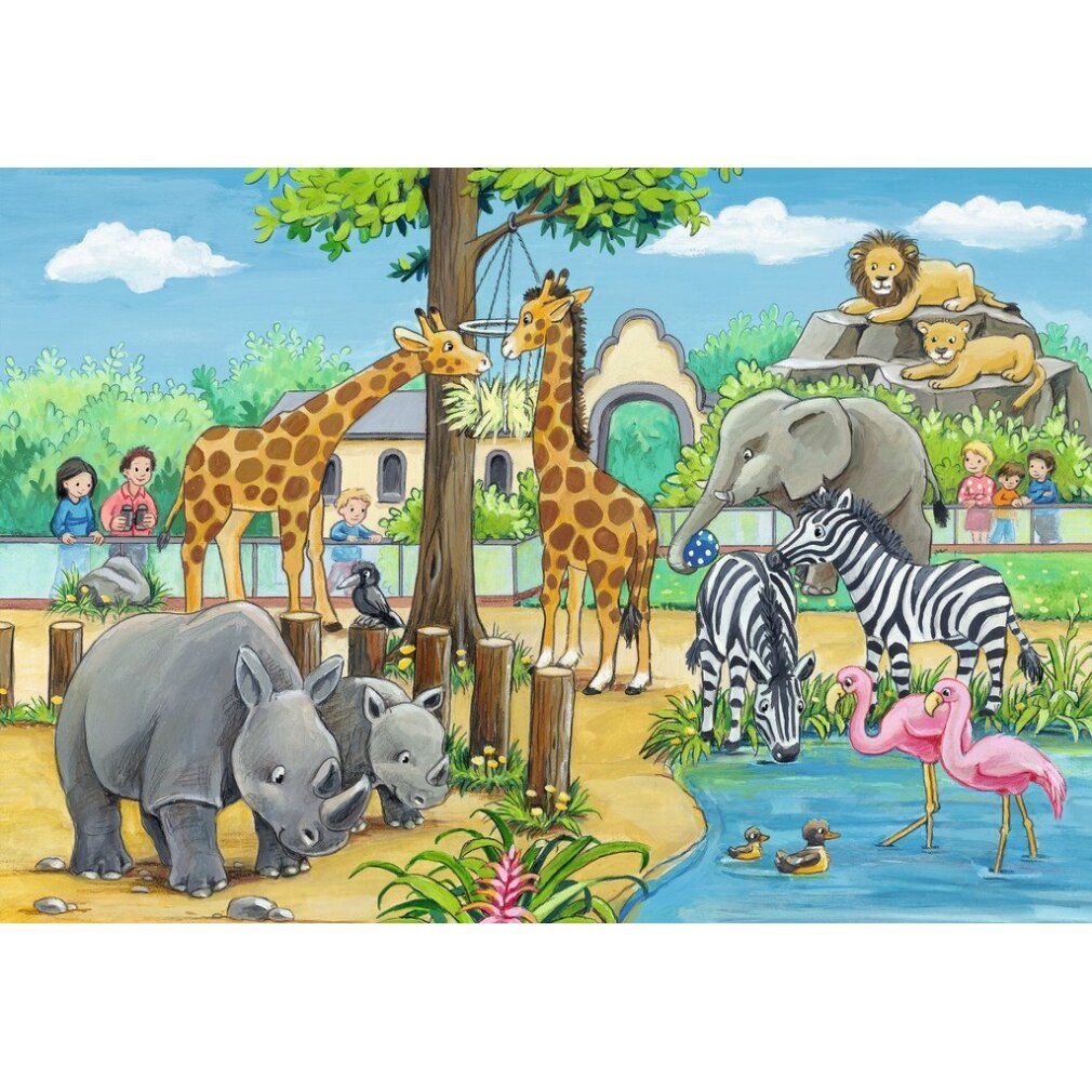 Motivo puzzle: zoo con giraffe, rinoceronti, zebre, fenicotteri e altri animali. Bambini che osservano gli animali.