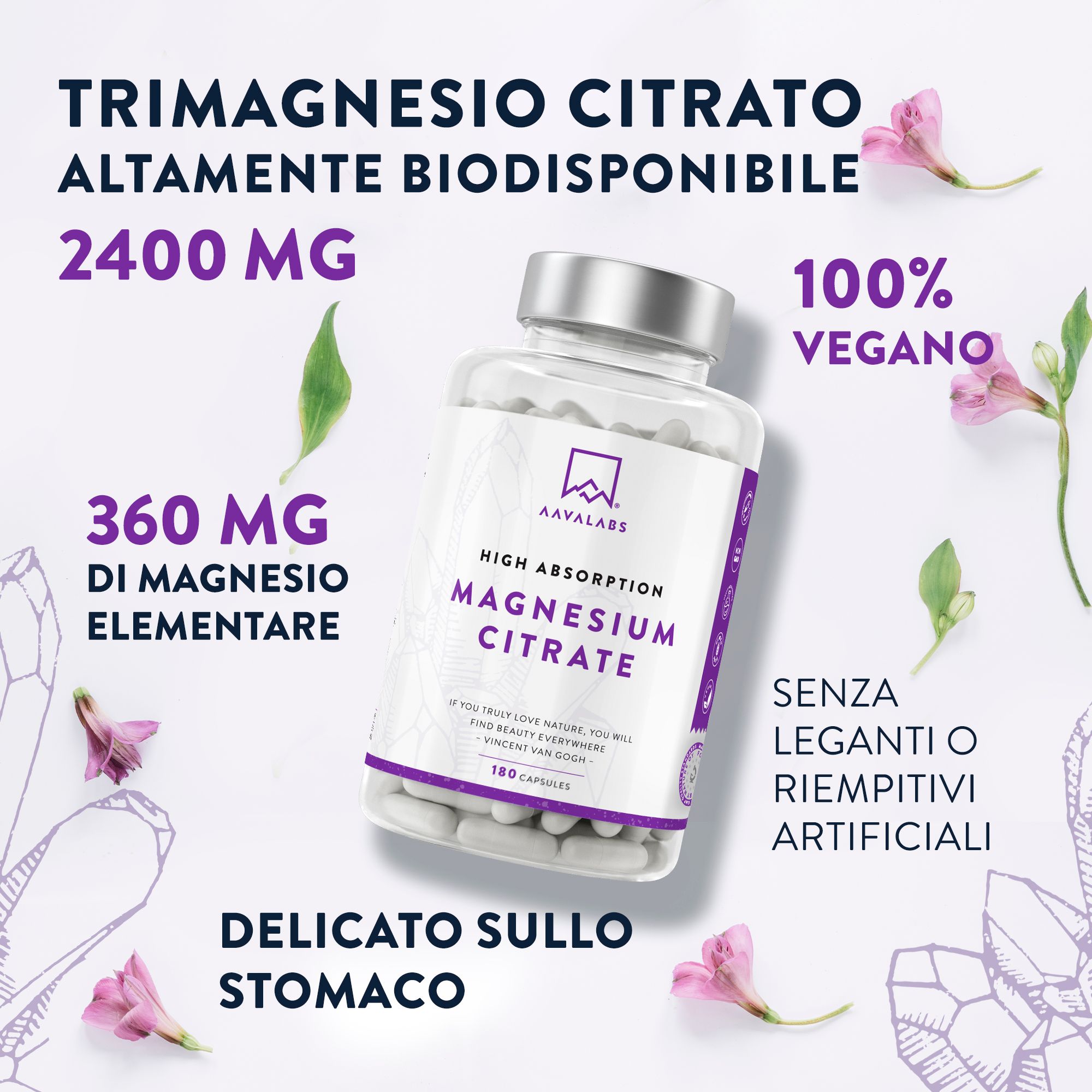 Flacone di capsule di citrato di magnesio. Scritta: 2400 MG, 360 MG magnesio elementare. 180 capsule.