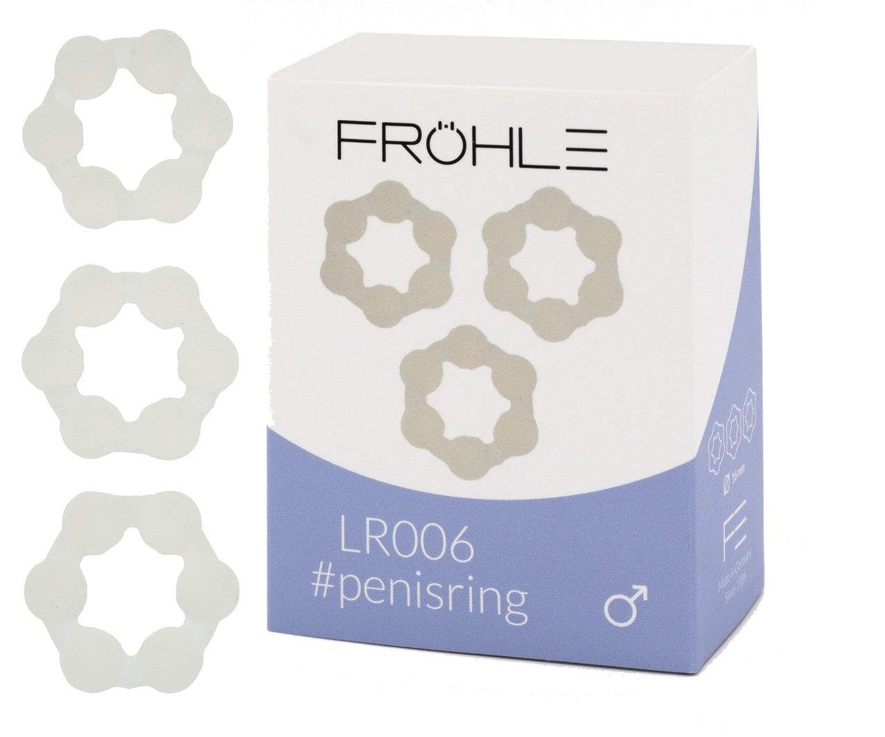 Confezione e tre anelli per pene Fröhle, modello LR006, su sfondo bianco.