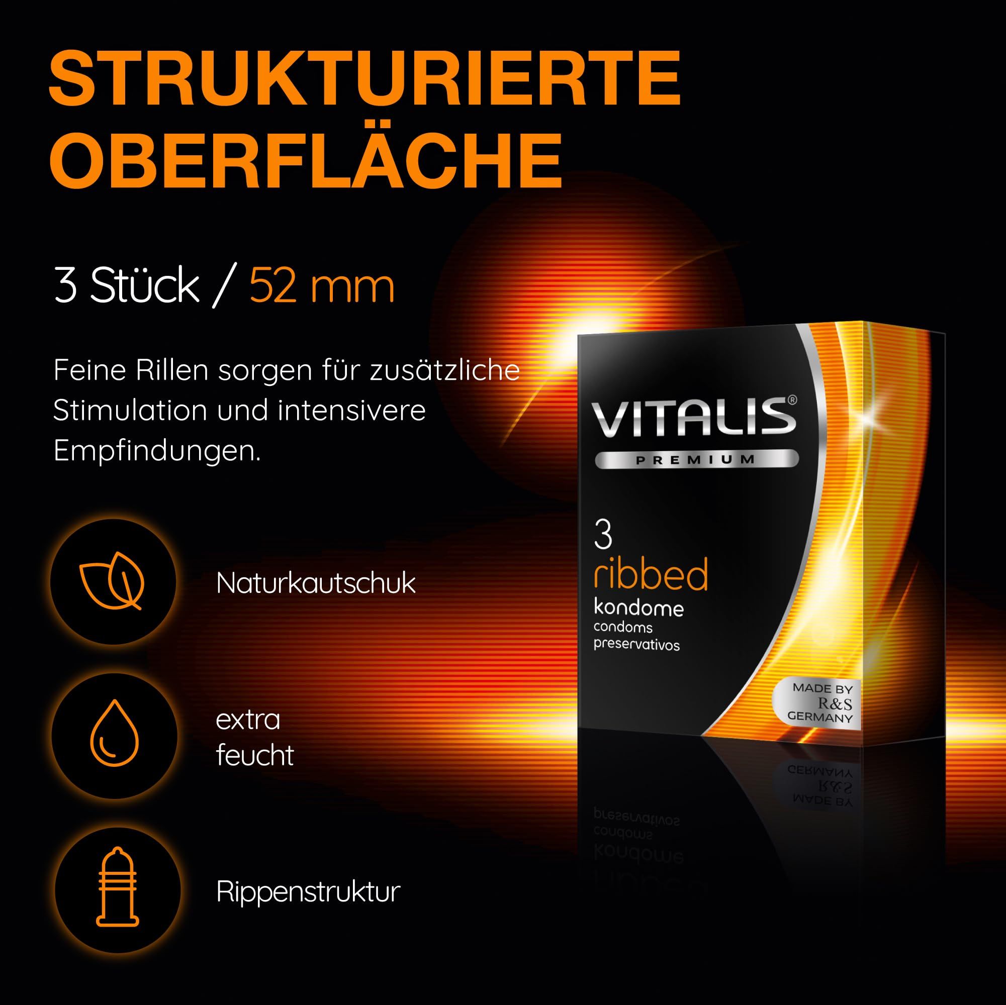 Preservativi Vitalis PREMIUM Ribbed: 3 pezzi, 52 mm. Lattice naturale, extra lubrificato, struttura a coste.