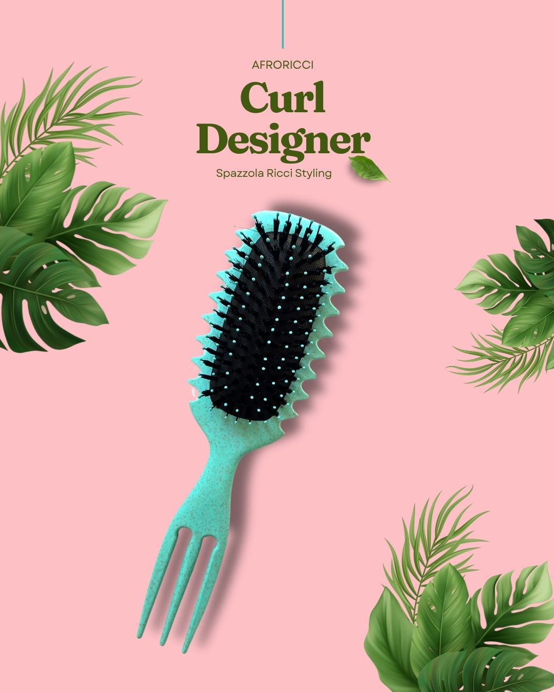 Strumento per lo styling dei capelli azzurro chiaro con spazzola e pettine. Setole nere. Design a zig-zag. Forcella. Nome del prodotto e logo.