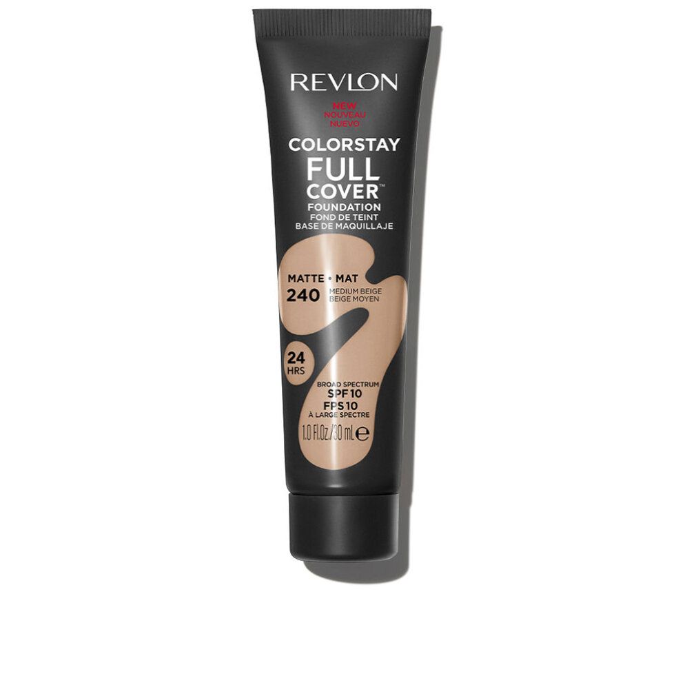 Tubo di fondotinta Revlon Colorstay Full Cover, tonalità 240 Medium Beige. Tubo nero con informazioni e illustrazione del colore.