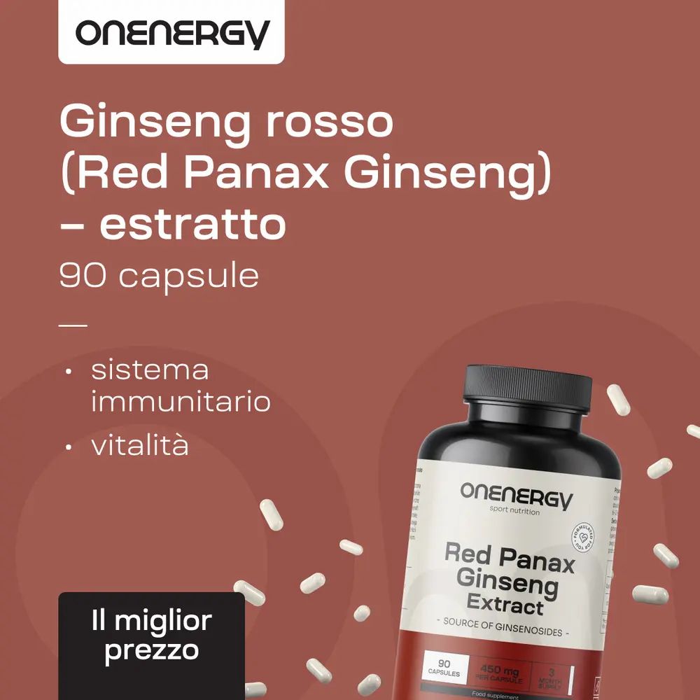 Flacone OnEnergy Red Panax Ginseng Extract, 90 capsule, con punti su vitalità.
