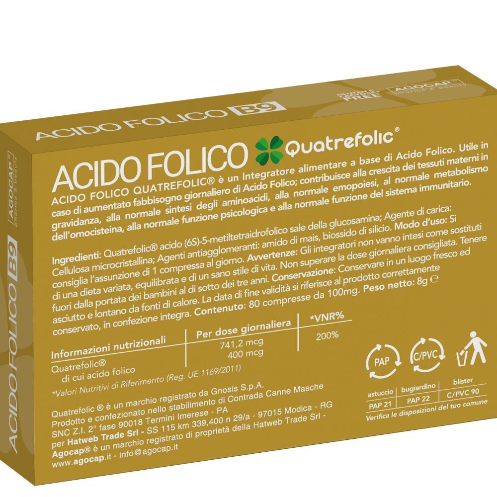 Retro della scatola "Acido Folico B9". Testo e informazioni nutrizionali. Logo Quatrefolic. Informazioni sull'uso.