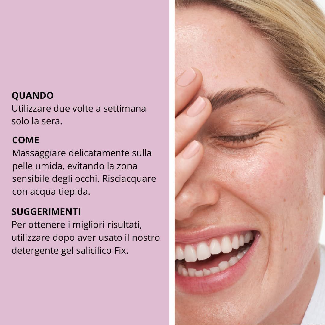 Testo con istruzioni per l'uso e consigli. Accanto, il volto di una donna che si copre il viso con la mano.