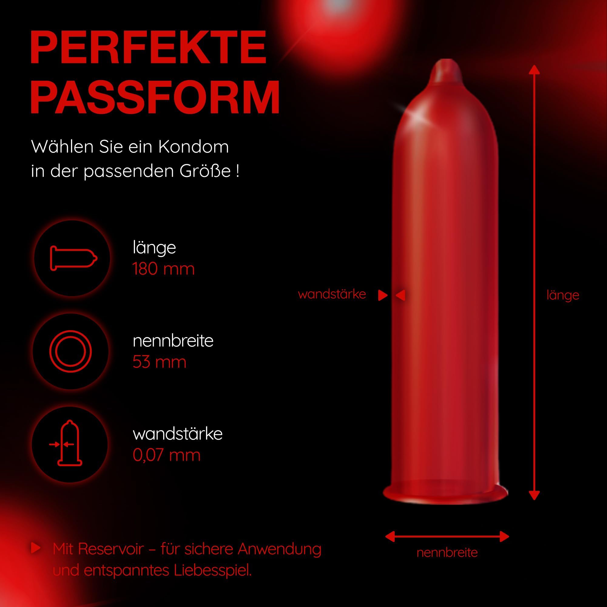 Preservativo Vitalis rosso, larghezza nominale 53mm, lunghezza 180mm, spessore 0,07mm. Con serbatoio.