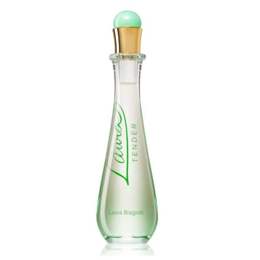 Flacone di profumo. Flacone con tappo verde, ghiera dorata, scritta Laura Tender. Liquido trasparente.
