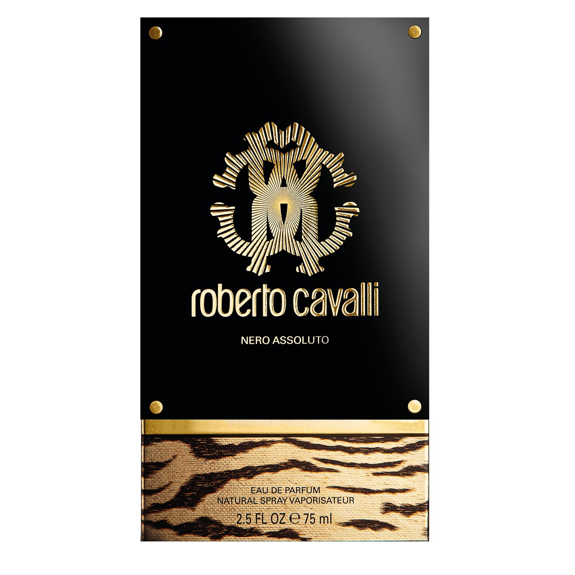 Confezione nera con logo dorato e scritta Roberto Cavalli Nero Assoluto. Testo: Eau de Parfum, 75 ml.