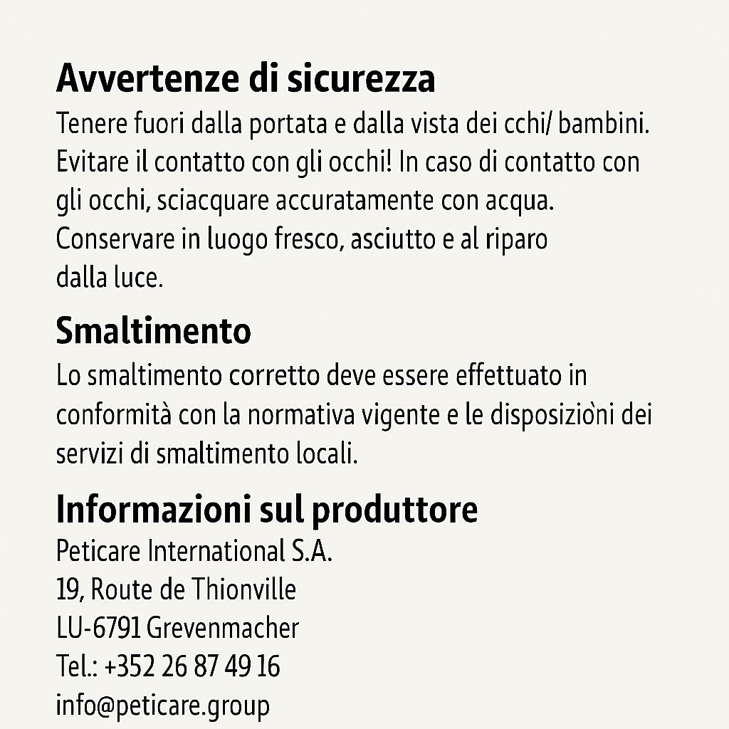 Avvertenze di sicurezza e smaltimento. Informazioni sul produttore: Peticare International S.A., indirizzo, telefono, e-mail.
