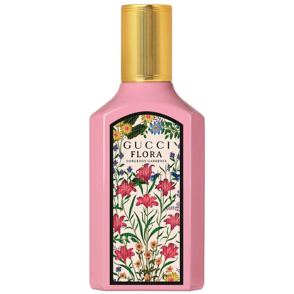 Flacone rosa con tappo dorato. Etichetta floreale con scritta Gucci Flora Gorgeous Gardenia.