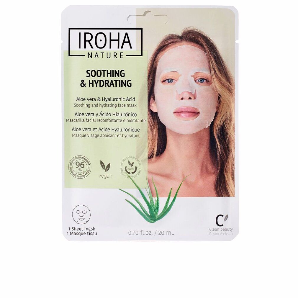 Maschera viso in confezione. Donna con maschera. Testo: Soothing & Hydrating, Aloe Vera, Iroha Nature. Vegano. 1 maschera.