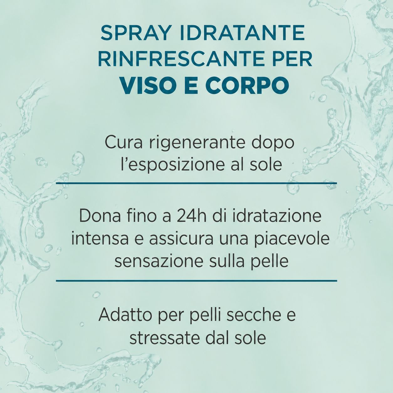 Testo: Spray idratante rinfrescante per viso e corpo. Cura rigenerante, idratazione 24h, pelle morbida. Per pelli secche.