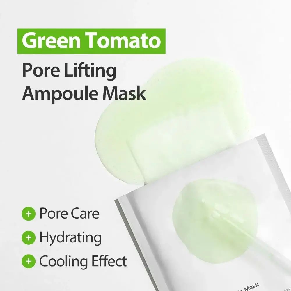Confezione del prodotto con design a pomodoro verde. Testo: Pore Lifting Ampoule Mask. Vantaggi: Pore Care, Hydrating, Cooling Effect.